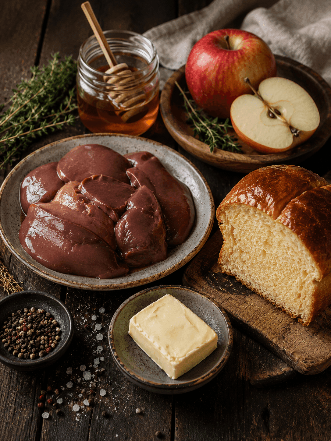 Утиная печень с яблоком и бриошью