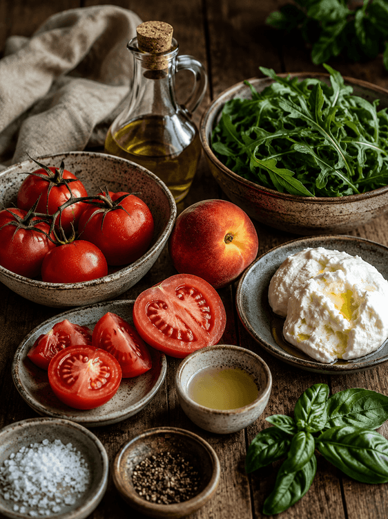 Летний салат с томатами, персиком и мягким сыром