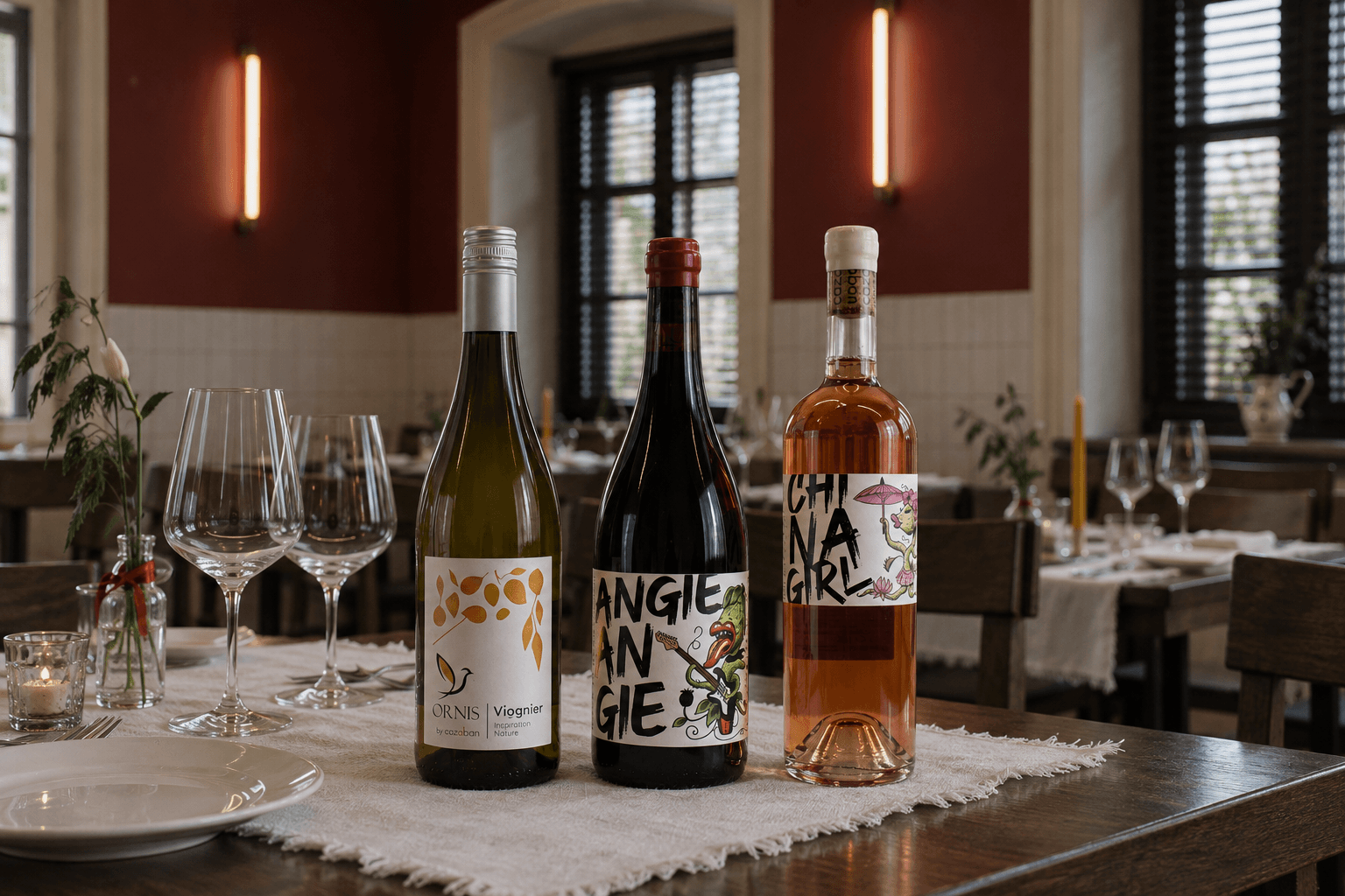 Белое ORNIS Viognier, красное ANGIE и розовое CHINA GIRL на столе в ресторане