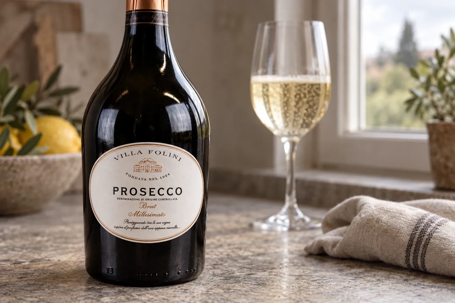 Этикетка Villa Folini Prosecco Brut Millesimato крупным планом