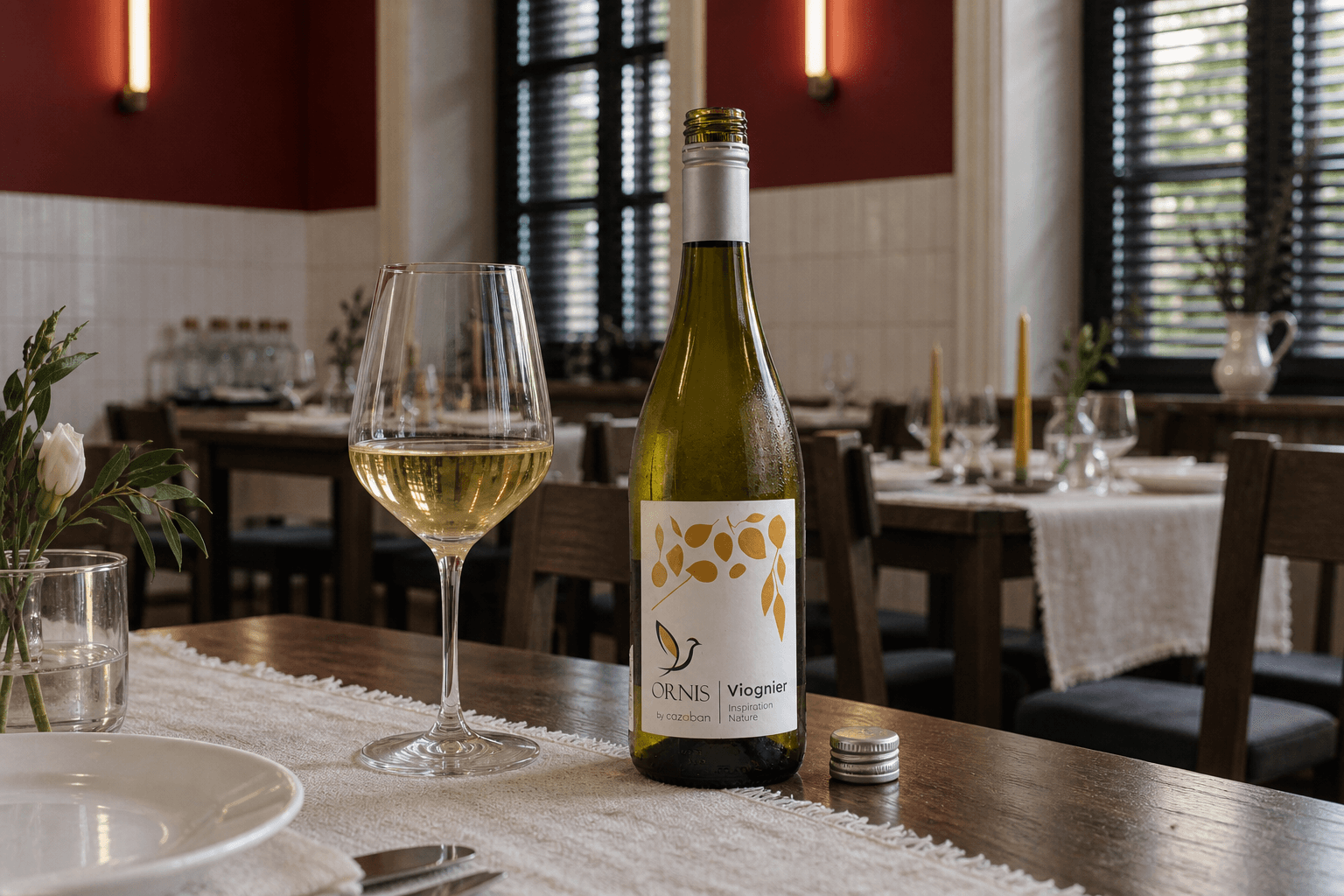 Охлаждённое белое ORNIS Viognier и бокал тихого вина