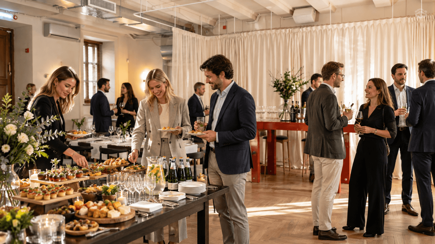Гости на фуршете в зале Cazaban Bistro & Bakery с закусками, напитками и сервированным столом