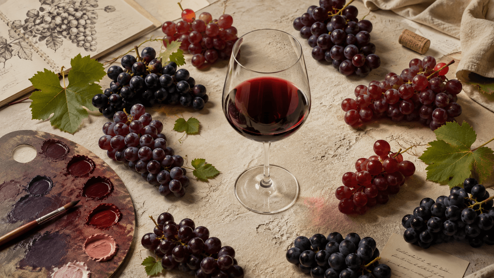 Бокал красного вина Cazaban. Вокруг него расположены несколько разных гроздей тёмного винограда