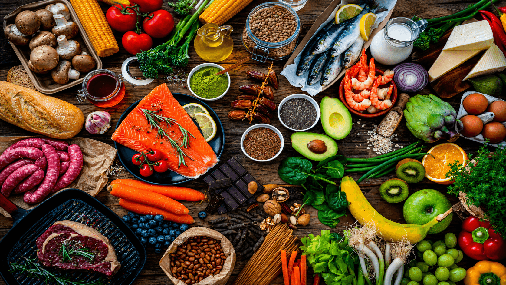 Разнообразные продукты на деревянном столе: рыба, мясо, овощи, фрукты, крупы, орехи, молочные продукты и зелень.