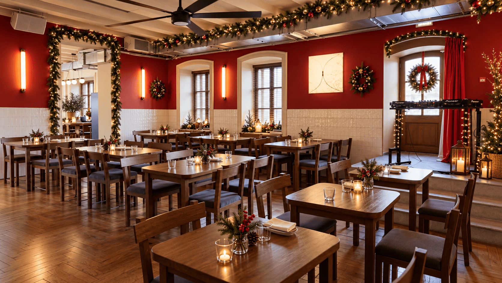 Зал Cazaban Bistro & Bakery с современным новогодним декором, гирляндами, свечами и праздничным оформлением